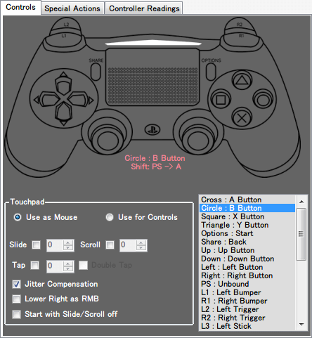 DS4Windows バージョン 1.4.52 Shift Modifier 設定例 Shift Modifier 設定後は割り当て済みボタン説明の下に Shift という文字と設定したショートカットキーと入力内容が追加される