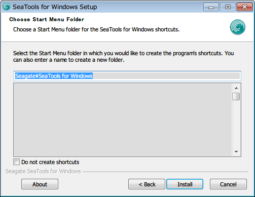 SeaTools for Windows 1.2.0.10 インストール Install ボタンをクリックするとインストール開始