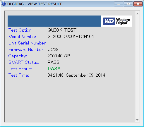 Western Digital Data Lifeguard Diagnostic v1.27 テストした HDD と一緒にテスト項目、テスト結果、テスト日時が表示