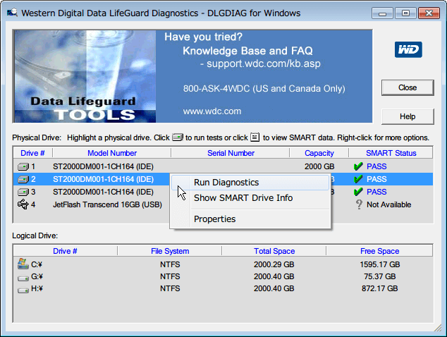 Western Digital Data Lifeguard Diagnostic v1.27 接続してある HDD 一覧、テストしたい HDD を選択してマウスで右クリックするとメニューが表示、テストしたい HDD を選択、マウス右クリックのメニューから Run Diagnostics をクリック