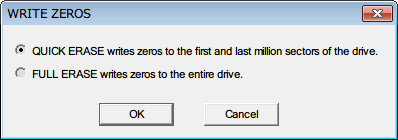 Western Digital Data Lifeguard Diagnostic v1.27 WRITE ZEROS にて QUICK ERASE writes zeros to the first and last milion sectors of the drive. と FULL ERASE writes zeros to the entire drive. の 2つの選択肢が表示