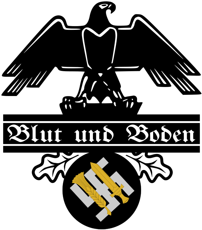皇帝の鷲と、小麦と剣が添えられたハーケンクロイツに「血と土」と書かれた、ナチス・ドイツの食料農業省のロゴ